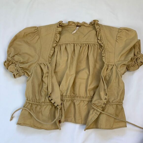 Free People Milkmaid Peasant Cropped Blouse Top XS Tan Brown Puff Short Sleeve - Picture 6 of 10